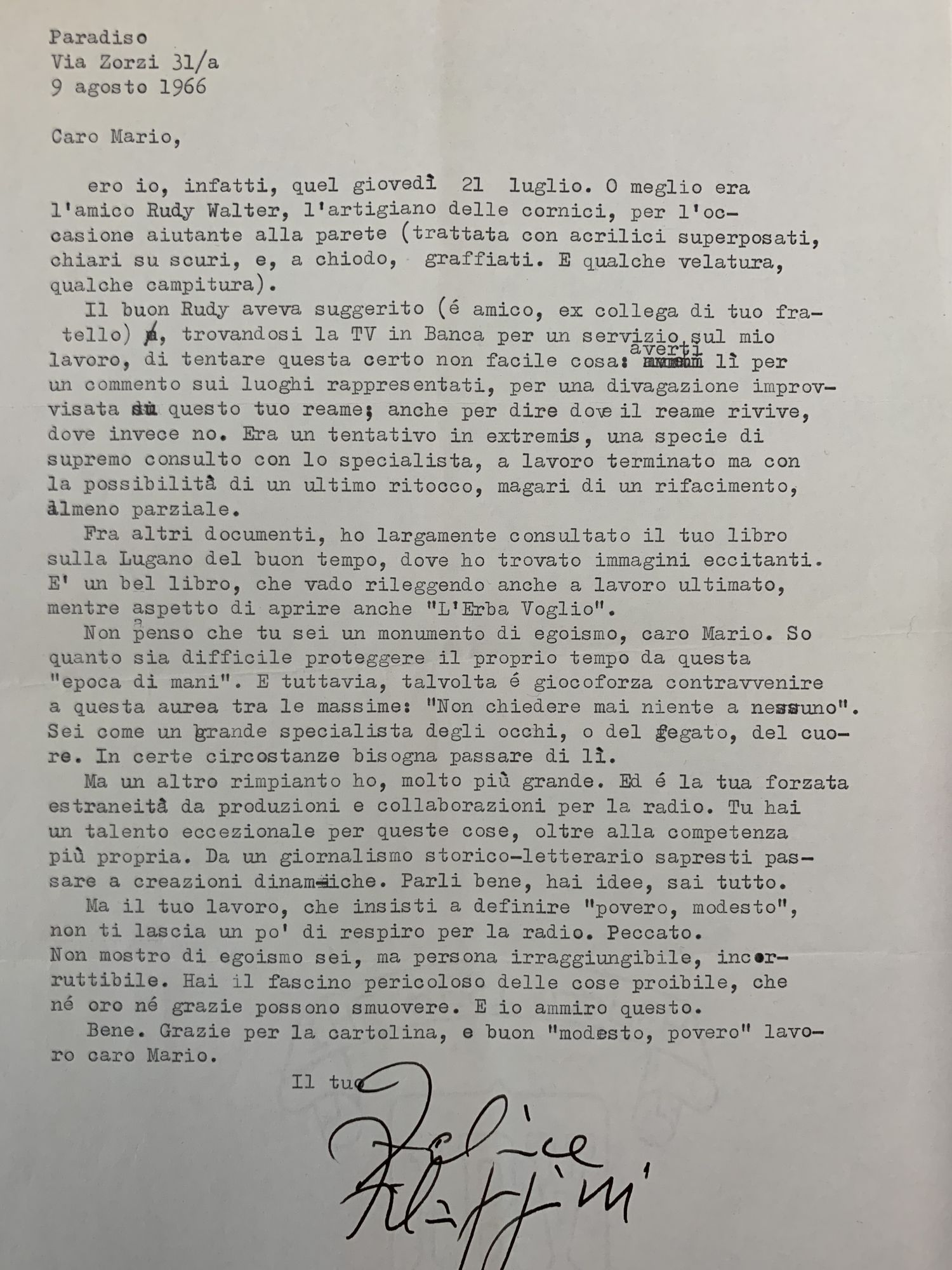 Lettra a Mario Agliati, 1966